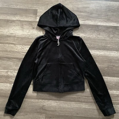 Sudadera con capucha recortada de terciopelo Juicy Couture OG Big Bling para mujer talla S negra plateada Foto 1 de 4
