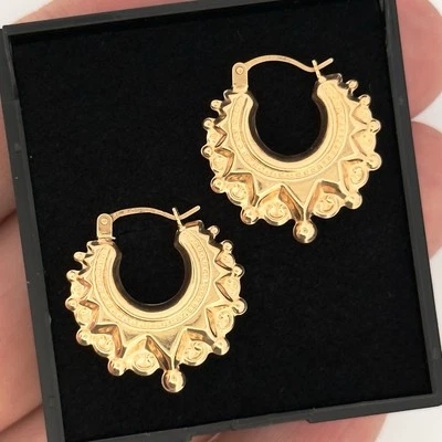 9ct Yellow Gold Victorian Style Creole Hoop Huggie Earrings - Image 1 of 4