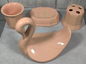 Vintage Pfaltzgraff Pink Ceramic Swan Towel Holder Bathroom Set Of 4 Pieces. - Picture 1 of 4