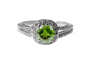 Silver Peridot Halo Engagement Ring August Birthstone Ring Band - Picture 1 of 5