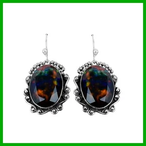 Mothers day Deal Ammolite Stone Sterling Silver Bezel Dangling Earrings Jewelry - Picture 1 of 7