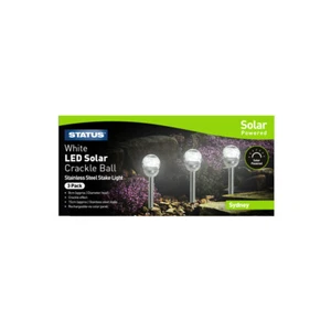 Sydney 8 cm Blanco LED Luz de Estaca Solar Crackle Bola de Vidrio Acero Inoxidable Paquete de 3 - Imagen 1 de 1