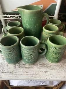 McCoy Pottery Green Grape Stoneware Water Pitcher 8 1/2" and 8 mugs 1920s - Picture 1 of 5