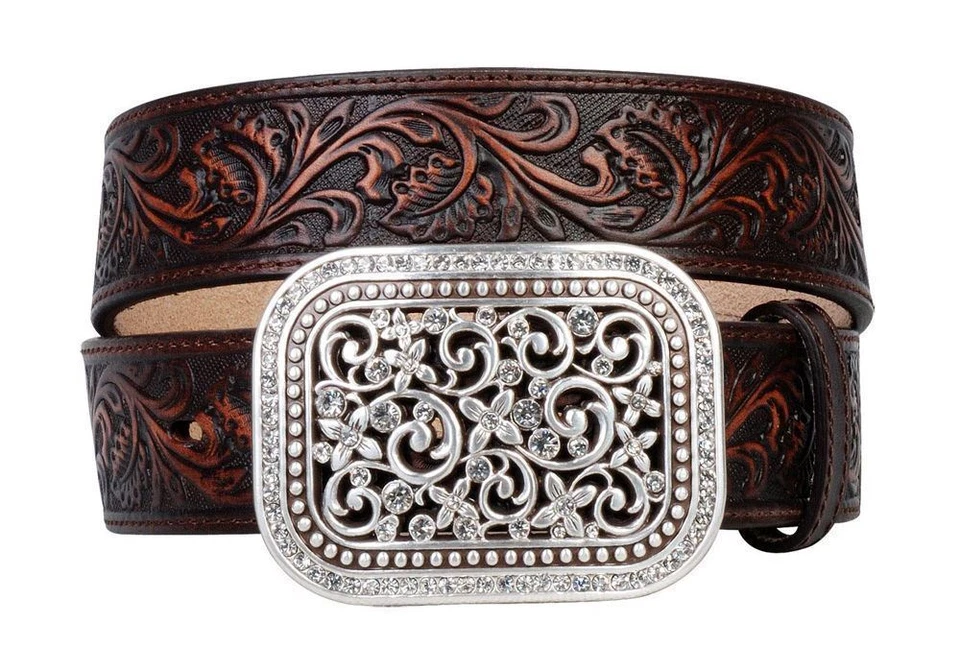 Cinturón de cuero marrón oscuro para mujer ARIAT con hebilla de relleno de estrás plateada Foto 1 de 1