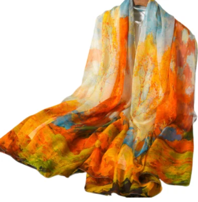 100% Silk Scarf Women neckerchief Shawl Wrap Floral orange  yellow blue HD118-21 — 第 1/2 张图片