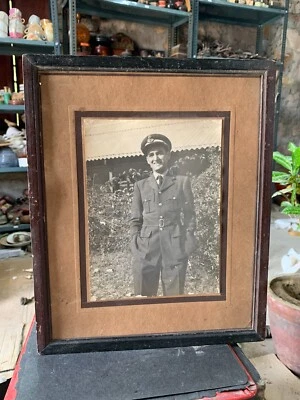 Vintage Old Black & White Photograph of Army Officer Cabinet Photo Wooden Framed - Image 1 of 4