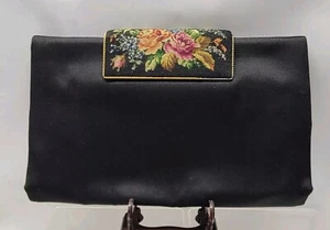 Spulcioni Firenze Black Satin Floral Embroidered Clutch Evening Bag 1950s - Picture 1 of 21