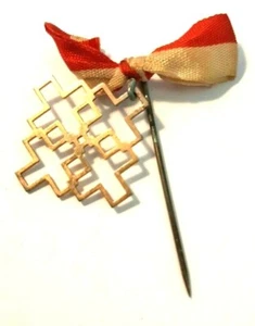 Red and White Ribbon with Crosses Vintage Metal pinback - Picture 1 of 2