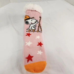 Peanuts Snoopy Woodstock Sherpa Sock Slip Resistant Sole Stars Pink Orange New - Picture 1 of 8