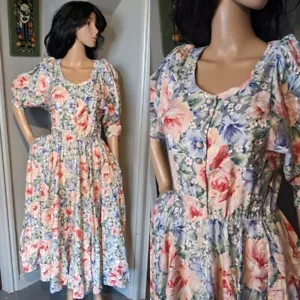Vintage Rose Floral Cotton Maxi Gown Puff Sleeve Dress Romantic 50s 8 10 36 - Picture 1 of 8