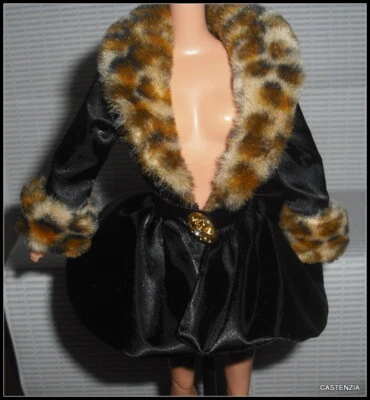COAT & BELT BARBIE DOLL SPIEGEL SHOPPING CHIC DOLL BLACK SATIN FAUX LEOPARD TRIM - Image 1 of 4