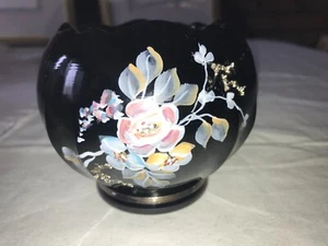Vintage FENTON Glass HAND PAINTED A. Farley ROSE BOWL Black BUD VASE Floral 4" - Picture 1 of 11