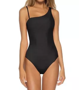 NWOT BECCA Fine Line Textured Rib One-piece Medium Black Swimsuit One Shoulder - Picture 1 of 9