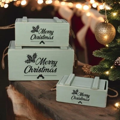 Rustic Vintage Green Merry Xmas Boxes Wooden Gift Display Storage Crate Set 3 - Image 1 of 4