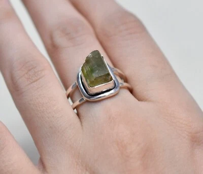 Solid 925 Sterling silver Natural Raw Peridot Ring Gemstone Jewelry For Her J 65 - Image 1 of 4