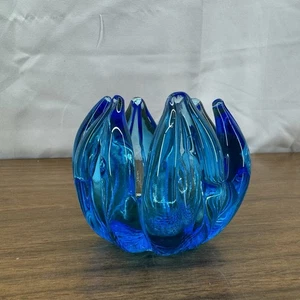 Vtg Blue Glass Ring Tealight Holder Trinket Dish Spike Leaf MCM Murano Style - Bild 1 von 6