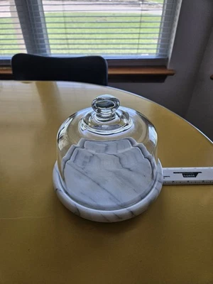 Tábua de queijo mármore vintage cúpula de vidro transparente tampo 7,5” X 6” pesado 2 peças Cloche - Imagem 1 de 4
