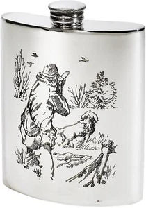 6oz Hip Flask Pewter with Shooting Scene Flask Bright Polished Finish Screw Top - Bild 1 von 4
