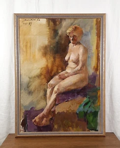 Sitzender weiblicher Akt, Original Vintage Ölgemälde, Künstler Mykytas - Bild 1 von 12
