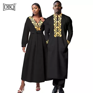 African Clothing for Couple Men Robe Pants Suit V Neck Ankle Length Women Dress - Picture 1 of 19