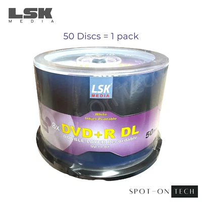 50 LSK DVD DVD+R DL 8x Dual Double Layer White Inkjet print  8.5GB 240Min Dup hp - Image 1 of 4