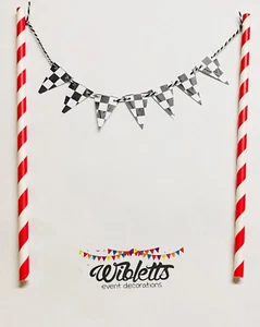 PAPER BUNTING CAKE TOPPER. RACING RACE CAR MOTORBIKE CHEQUERED FLAG, BLACK WHITE - Picture 1 of 6
