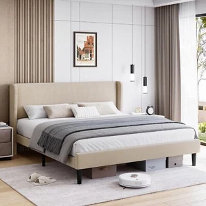 Upholstered Platform Bed ,King Size Bed Frame with Wingback Headboad Wood Slats - Picture 1 of 8