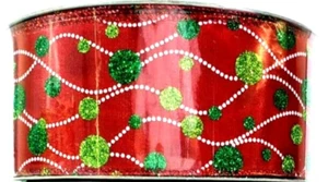 Green Polka Dot Red Ornament Wired Edge Holiday Wedding Ribbon - 2.5" x 50 Yards - Picture 1 of 2