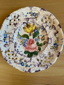 ITALIAN Pottery Accent Plate Hand Painted Flowers Reticulated good - Picture 1 of 7
