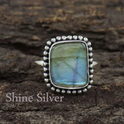 Natural Labradorite Slice 925 Sterling Silver Engagement Ring Size US 8 NR570 - Image 1 of 4