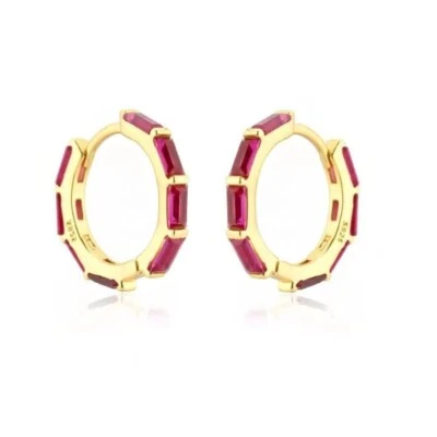 Elegant Baguette Cut Lab-Created Ruby Hoop Earrings 925 Sterling Silver Jewelry - Image 1 of 3