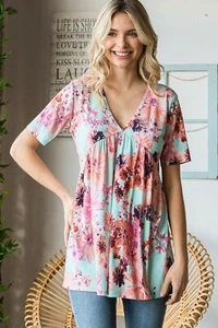 Heimish Full Size Floral V-Neck Short Sleeve Babydoll Blouse - Picture 1 of 10