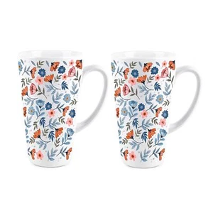 Blossoms Tall Latte Mugs Set - Large Floral Coffee Cup Gift - Set of 2 - Picture 1 of 4