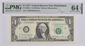 PMG Choice Unc 64 EPQ $1 1977 Philadelphia, PA US FRN Fr#1909-C *9728 - Picture 1 of 3