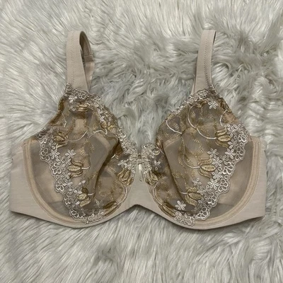 Wacoal 36DD Bra Beige Sheer Embroidered Cup 85569 Underwire Back Closure - Imagem 1 de 4