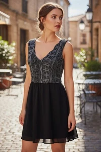 Three Pink Hearts Black Silver Metallic Mini L - Fit Flare - Excellent - Picture 1 of 11