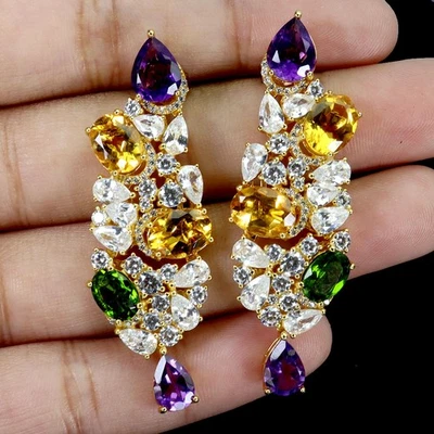 Orecchini In Argento Sterling 925 Ovali In Citrino 8x6mm Gemma In Ametista - Immagine 1 di 4