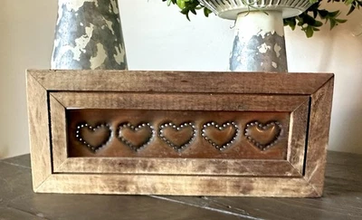 Vintage Copper Tin Heart Punched Sign Rustic Framed Primitive - Image 1 of 4