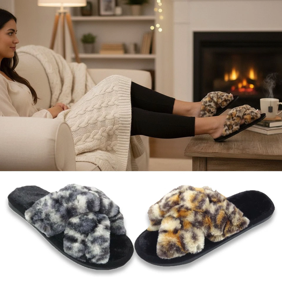 Womens Slippers Ladies Fluffy Furry Cross Over Open Toe Leopard Mules Slider