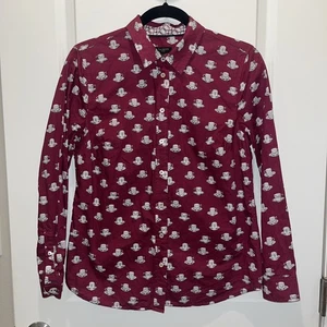 Camisa TalbotsCoffee/Tea Cup Print Abotonada Manga Larga Borgoña MP EUC u2 - Imagen 1 de 7