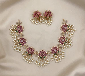 Indian Bollywood Bridal Jewelry Set Ethnic Gold Plated CZ Pearl Necklace Earring - Picture 1 of 7