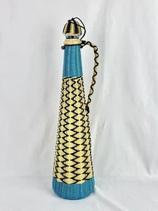 Vtg Woven Plastic Wicker Covered Cork Bottle Eclectic Boho Decor Yellow Teal - Picture 1 of 10