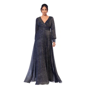 NUOVO abito Betsy & Adam Clarise manica lunga plissettato blu navy metallizzato lunghezza intera 4 - Foto 1 di 9