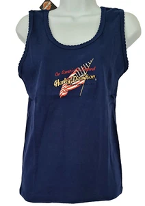 Harley Davidson Tank Top Blue USA Flag Patriotic STRETCH Chest34in Womens L - Picture 1 of 9