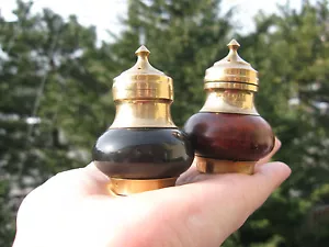 VINTAGE BRASS & WOOD TABLE SALT AND PEPPER SHAKERS - Picture 1 of 10