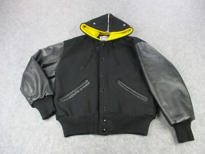 VINTAGE DeLong Jacket Men Small Black Yellow Wool Leather Letterman Varsity Coat - Image 1 of 4