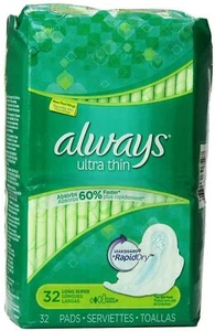 Always Ultra Thin Extra Long Super Pads with Wings Unscented 32 ct Pack of 2 - Picture 1 of 1