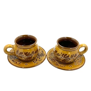 Vtg Red Clay Signed Set of 2 Demitasse Cups & Saucers Earthtone Expresso Coffee - Picture 1 of 7