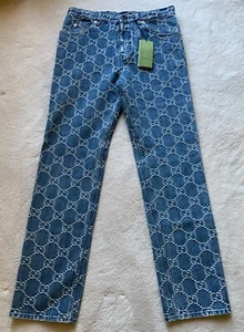 STUNNING sold out GUCCI Men’s GG JACQUARD BLUE Cotton Denim JEANS Size 32 - Picture 1 of 20