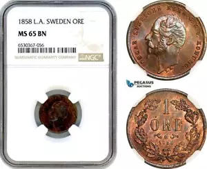 A8/549, Sweden, Oscar I, Öre 1858 L.A, Stockholm Mint, KM-687, NGC65BN, Top Pop! - Picture 1 of 1